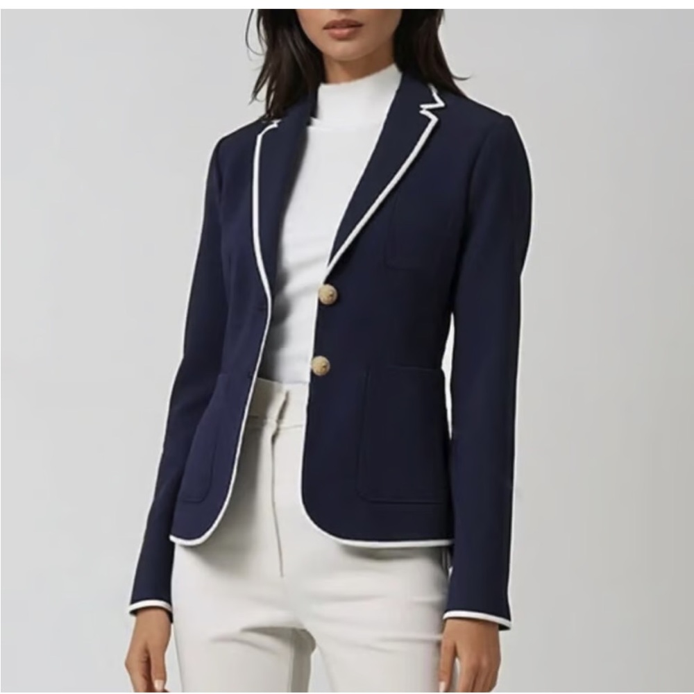 J. Crew Tipped Schoolboy Blazer Wool Blend 6 Navy Blue Sport Coat Jacket